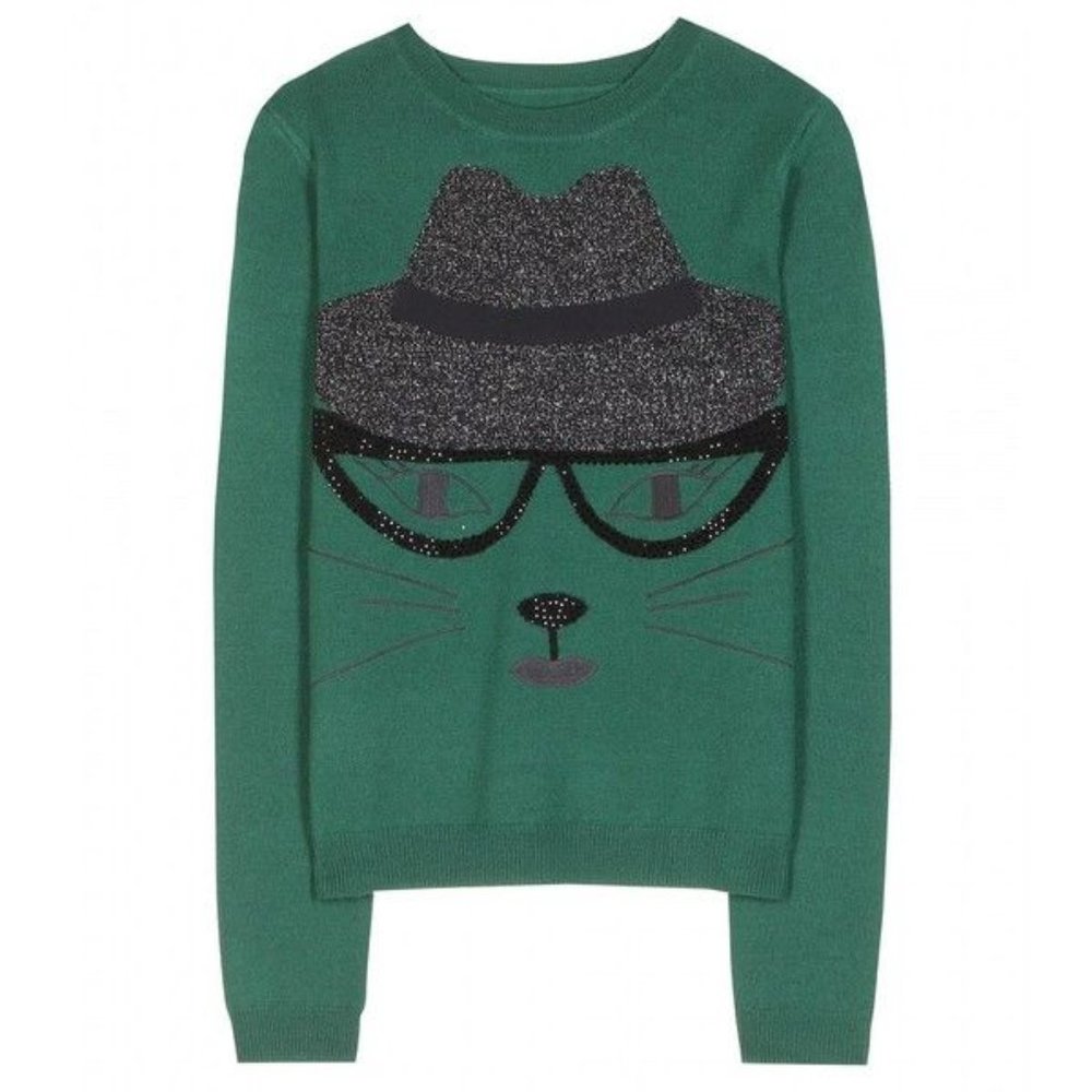 Alice + Olivia green lurex/ rhinestone cat sweater